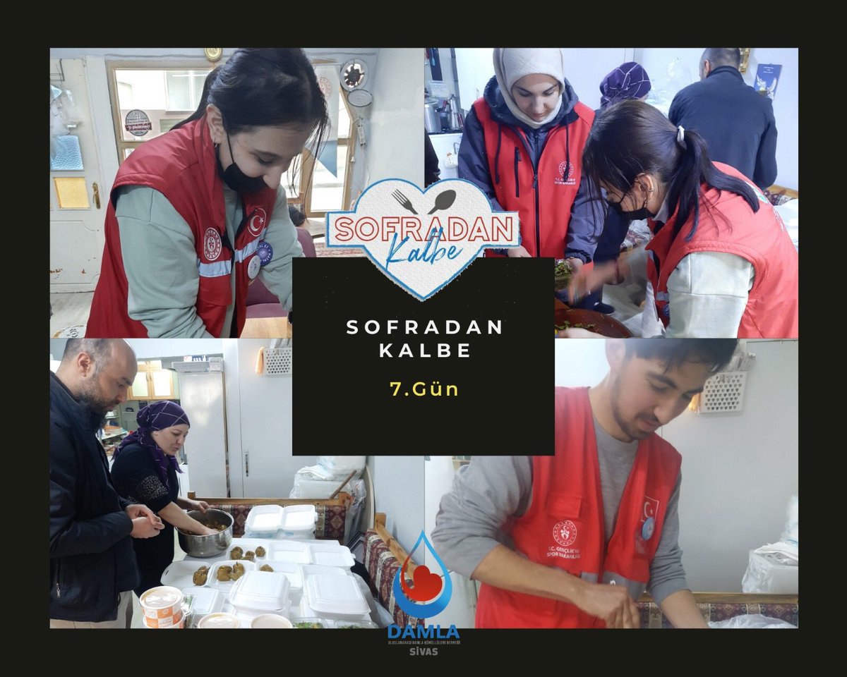 Tüm sevinci, neşesi, mutluluğuyla... Sofradan Kalbede 7.Günü tamamladık. Her gün eskimeyen heyecanıyla. 
.
<a href="/DamlaVolunteers/">Uluslararası Damla Gönüllüleri</a> 
<a href="/gonullufed/">Gönüllülük Federasyonu</a> 
<a href="/kasapoglu/">Dr. Mehmet Kasapoğlu</a> 
<a href="/gencliksporbak/">Gençlik ve Spor Bakanlığı 🇹🇷</a> 
.
#baharaaçangönüller 
#sofradankalbe