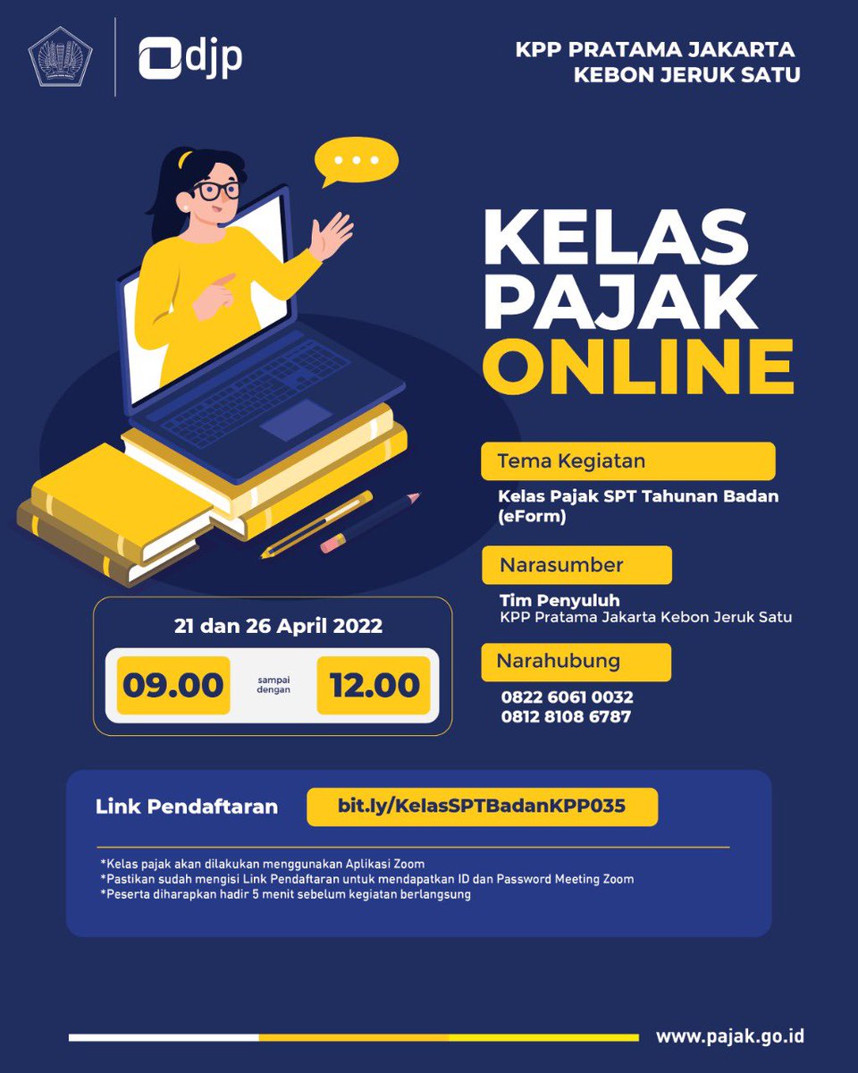 pajakbonjer1's tweet photo. Belum lapor SPT Tahunan Badan? Masih bingung pakai eForm? Yuk ikuti kelasnya! Cek infografisnya untuk mendaftar! #kelaspajak #PajakKitaUntukKita #PajakKuatIndonesiaMaju #eForm https://t.co/S0O2BwqNx9