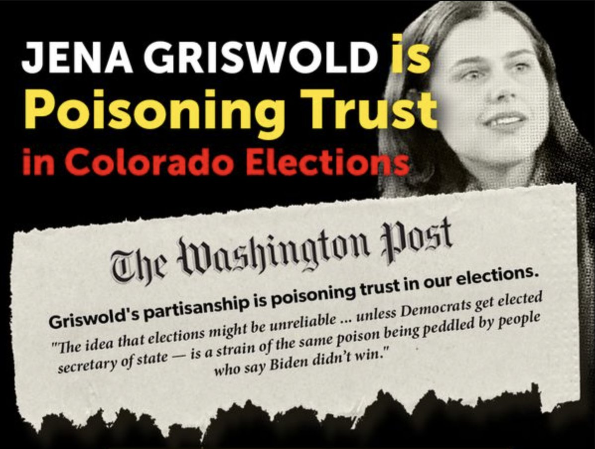 CompassCOorg's tweet image. Again, Jena Griswold is poisoning trust in our election system. 

Suggesting she needs to be reelected to "save democracy" further erodes trust in her leadership as Secretary of State.

#copolitics #coleg

compasscolorado.org/jena-griswold-…