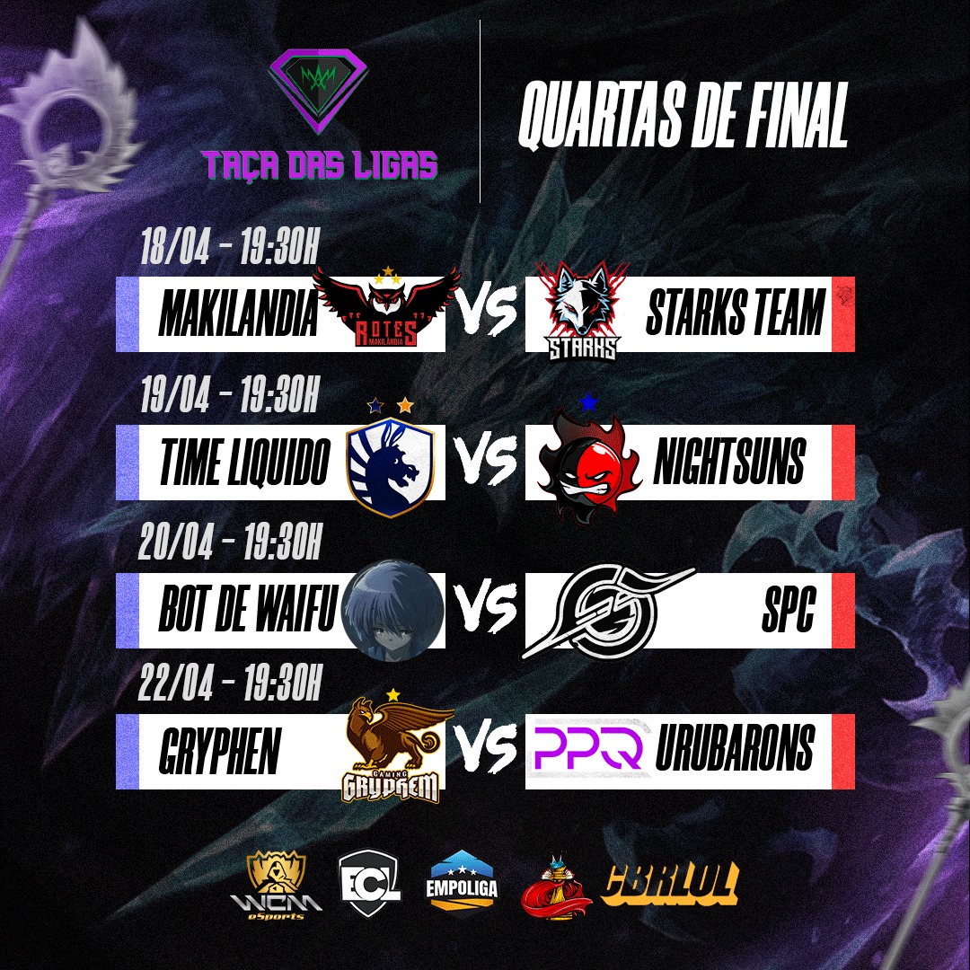 Preparados para essa noite que vai agitar tudo?! 💥💥

Hoje teremos grandes jogos pelas quartas de final 🏁🏁
<a href="/RotesESports/">Rotes E-Sports</a> 
<a href="/starks_team/">Starks Team</a> 
<a href="/Nightsuns_/">NIGHTSUNS</a> 
@SPC_gg 
<a href="/BotDeWaifv/">Bot de Waifv 2 - Calvo Edition</a> 
<a href="/gryphemGG/">Gryphem Gaming #FazOPru 🦅</a> 
<a href="/PipoqueirosG/">Pipoqueiros Gaming</a> 
Lança aí qual o seu favorito quem vai levar o MVP HJ?!