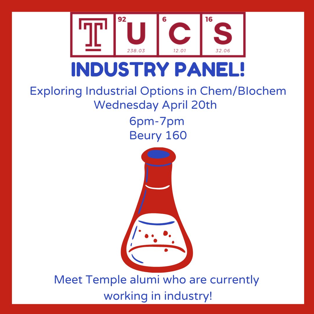 If you are a chem or biochem student and would like to go into industry then this is the perfect event for you! Join us Wednesday April 20th in Beury 160 from 6-7pm where Temple alumni that currently work in industry will answer your questions! RSVP here: docs.google.com/forms/d/e/1FAI…