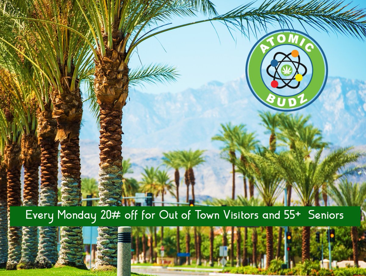 AtomicBudzCA's tweet image. Every Monday is Senior Monday at Atomic Budz.  Get 20# off if you are over 55  or you are an Out of State Visitor.  #cannabiscommunity #seniormonday #atomicbudz #dispensaryincoachellavalley #dispensarynearme #cannabiscatcity #dailypromos