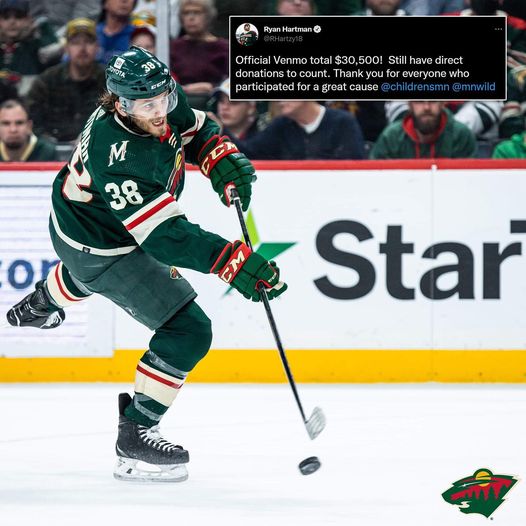 childrensmn's tweet photo. It's for the kids. Through the "fine fund," @mnwild player, @RHartzy18 and #mnwild fans donated a total of $39,582! Thank you to all who donated to our patients and families.💙

More: https://t.co/PJ3ddiPORC https://t.co/1FyV4FgcPX