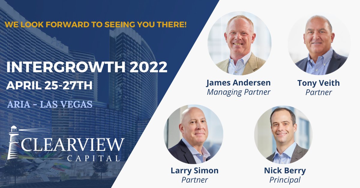 Clearview Capital (@clearviewcap) on Twitter photo Jim Andersen <a href="/jggrumpy/">James Andersen</a> , Tony Veith, Larry Simon and Nick Berry from Clearview will be attending Intergrowth <a href="/ACGGlobal/">Association for Corporate Growth</a> next week! We look forward to seeing you there!
#intergrowth2022 #privateequity #lowermiddlemarket Jim Andersen <a href="/jggrumpy/">James Andersen</a> , Tony Veith, Larry Simon and Nick Berry from Clearview will be attending Intergrowth <a href="/ACGGlobal/">Association for Corporate Growth</a> next week! We look forward to seeing you there!
#intergrowth2022 #privateequity #lowermiddlemarket