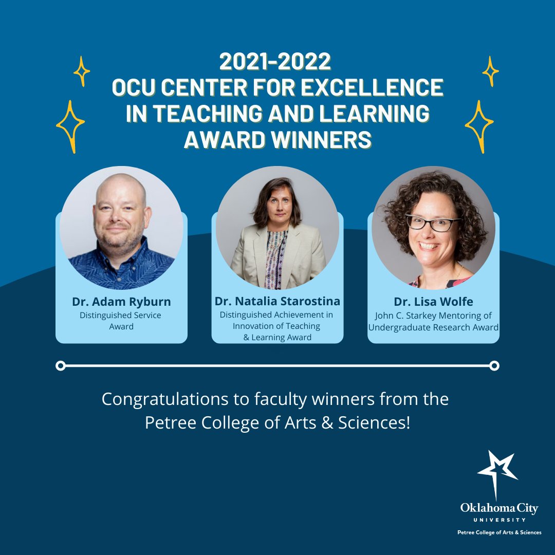 PetreeCollege's tweet photo. The @OKCU Center for Excellence in Teaching and Learning recently announced its faculty award winners for the 2021-22 academic year. Congratulations to the following Petree College of Arts &amp; Sciences faculty! https://t.co/4t6iOuR3hV