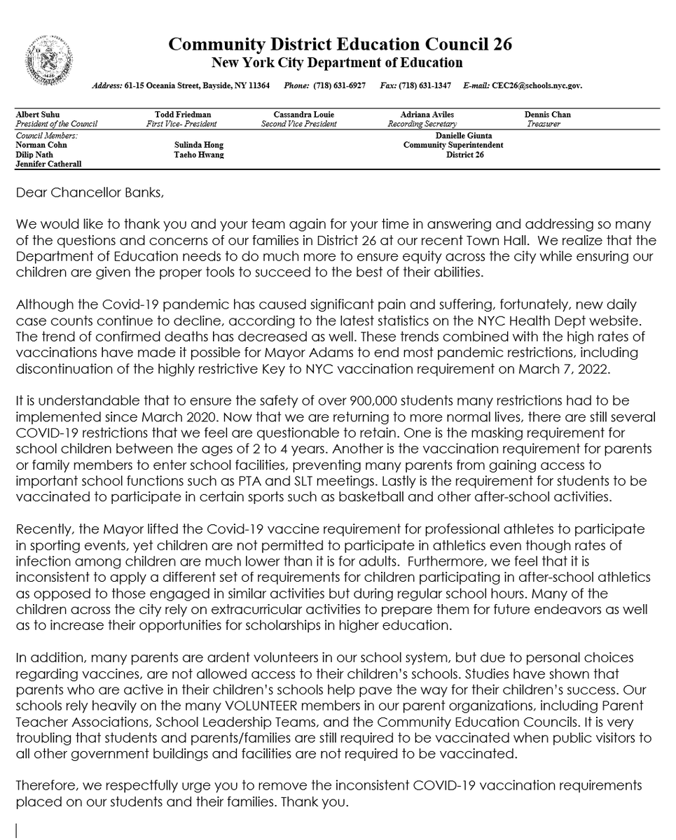 CEC26 APPROVED Resolution Amending Meeting Law for CEC and SLT, Resolution to Permit School Districts to Establish Admissions Criteria for Screened Middle School Programs &amp; Statement removal of covid-19  vaccine