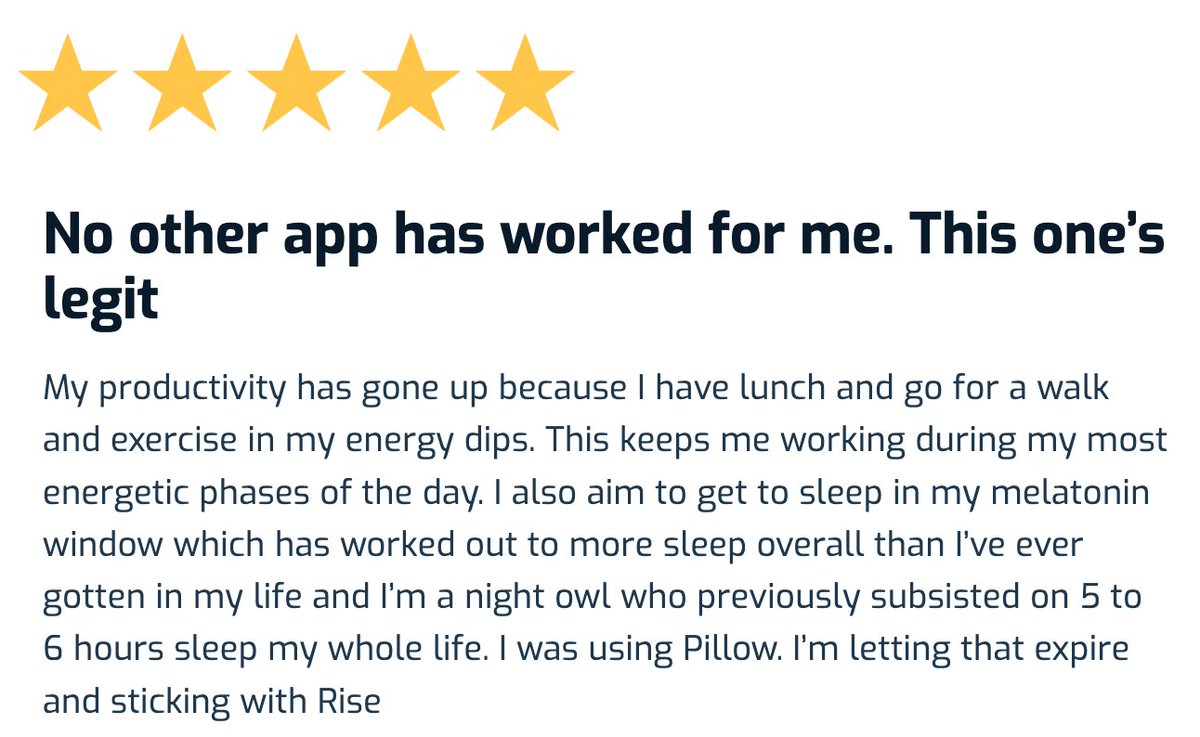 ✅ 'My productivity has gone up.' ✅ 'More sleep overall than I’ve ever gotten in my life' ✅ 'I was using Pillow. I’m letting that expire and sticking with Rise' @risescience appfollow.io/app/564260/rev…