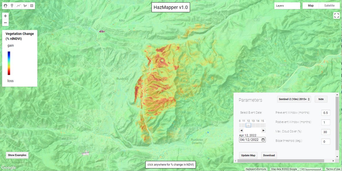 <a href="/HazMapper/">HazMapper</a> fire intensity proxy (#ndvi) map for the #McBrideFire near #Ruidoso, #NewMexico as of April 12, 2022, using #Sentinel2 imagery and #EarthEngine. The fire has caused several fatalities and destroyed more than 200 homes. Direct Hazmapper URL:cmscheip.users.earthengine.app/view/hazmapper…;