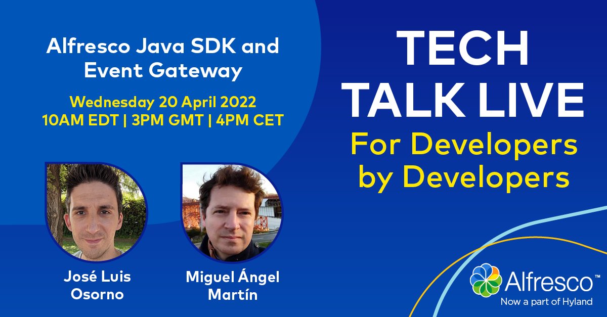Don’t miss the #Alfresco Java SDK and Event Gateway Tech Talk Live 👉 this Wednesday 👈 at 3pm GMT! Check out the details and sign up here: alfresco.com/events/webinar…