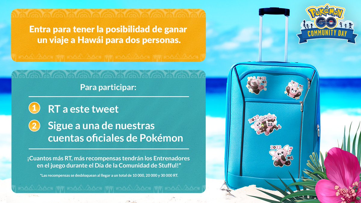 ¡Entrenadores, celebramos la Temporada de Alola y el Día de la Comunidad de Stufful premiando a un afortunado ganador con un viaje para dos personas a Hawái! 🏝️🥳 Para participar, retuiteen este tuit y sigan nuestra cuenta de Twitter.