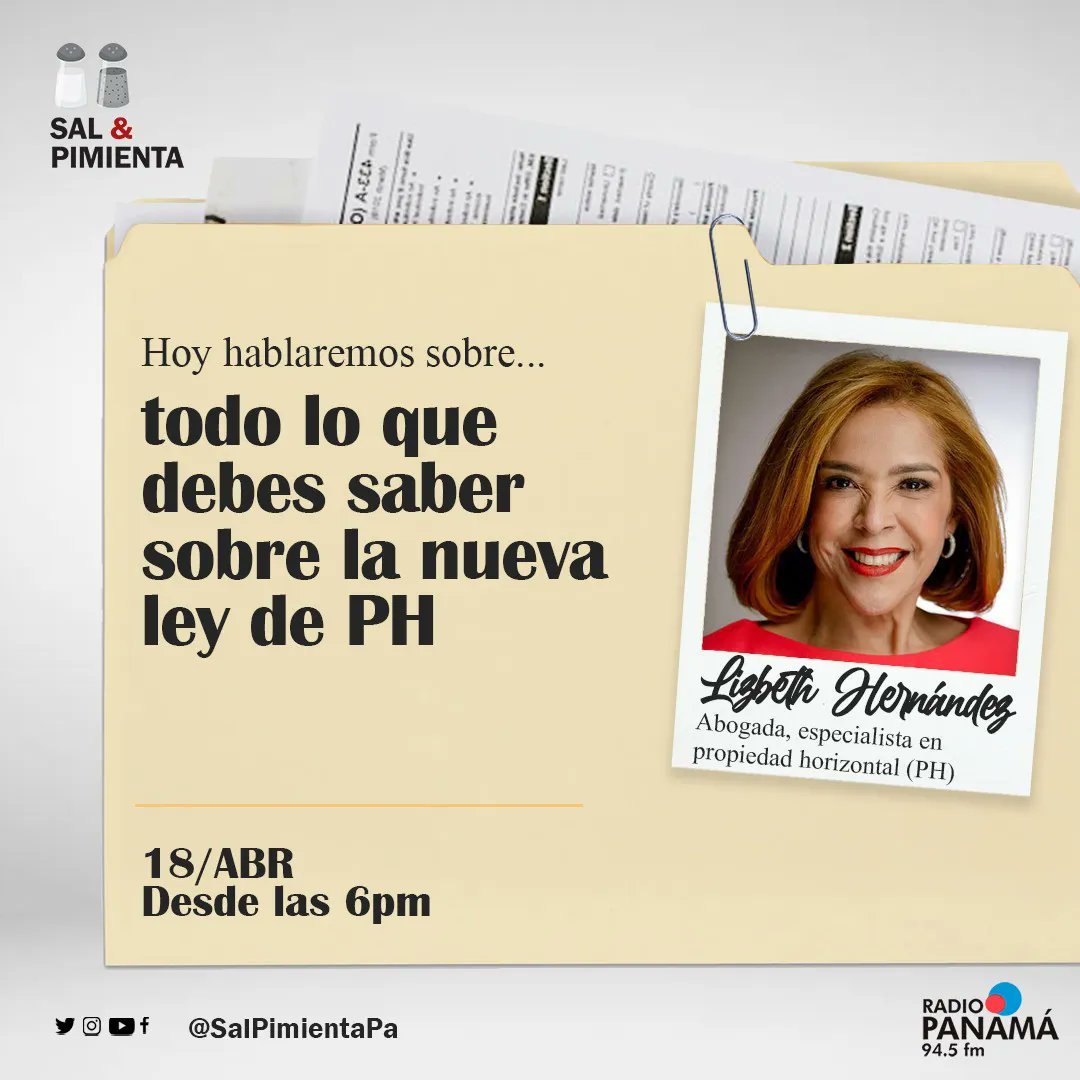 Hoy hablaremos con Lizbeth Hernández, abogada especialista en propiedad horizontal, acerca de todo lo que debes saber sobre la nueva ley de PH. Desde las 6:00 pm, por <a href="/radiopanama/">Radio Panamá</a>, con <a href="/aplanells/">Annette Planells</a>, <a href="/marielaeledezma/">Mariela Ledezma</a> y <a href="/emartineztv/">Eric Martinez</a>
#leyPH #PropiedadHorizontal #PH