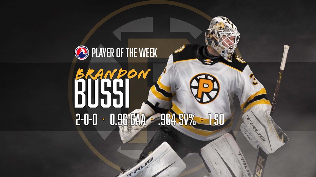 With victories in his first 2 professional starts for the <a href="/AHLBruins/">Providence Bruins</a> including a shutout last night, Brandon Bussi has been named the AHL Player of the Week. #StickTaps 🏒👏