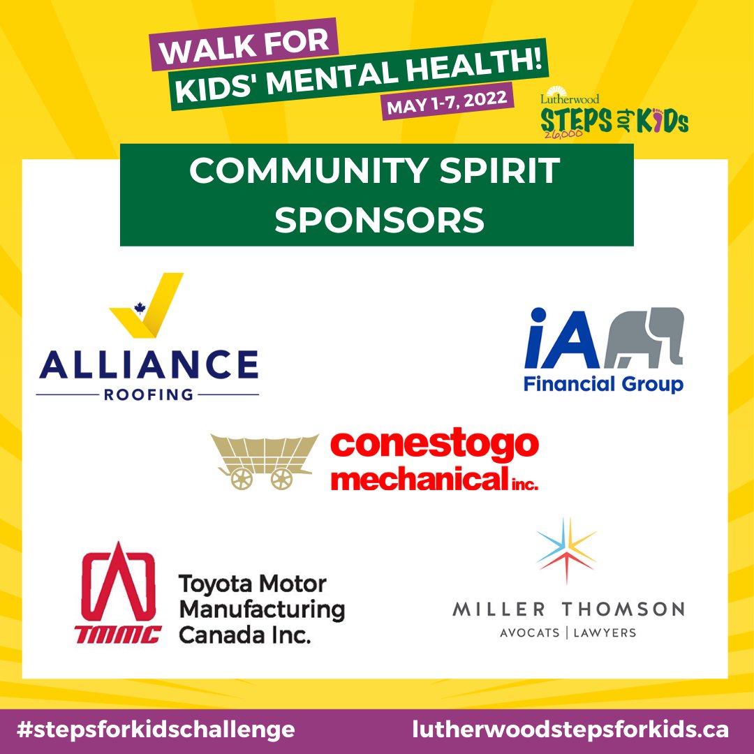 StarlingCanada's tweet photo. Let's take a moment to recognize some of our wonderful #StepsforKids Community Spirit sponsors! Thank you for making children's mental health a priority:
@ToyotaMfgCanada
@IAcanada
#ConestogoMechanical
#MillerThomson
#Alliance Roofing https://t.co/Dd2Nnljgru