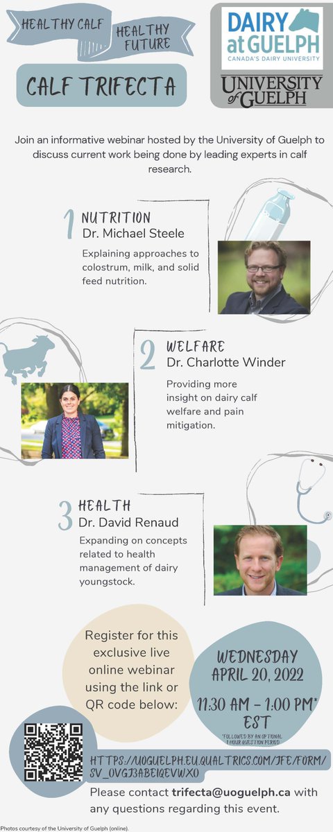 Still a few spots for Wednesday's webinar on calf nutrition, health and welfare: Healthy Calf, Healthy Future: Calf Trifecta
April 20, 2022  11:30-1:00 PM EDT 
Drs. Mike Steele, Dave Renaud <a href="/DavRenaud/">Dave Renaud</a> and  Charlotte Winder <a href="/cbwinder/">Charlotte Winder</a> 
Register: uoguelph.eu.qualtrics.com/jfe/form/SV_0V…