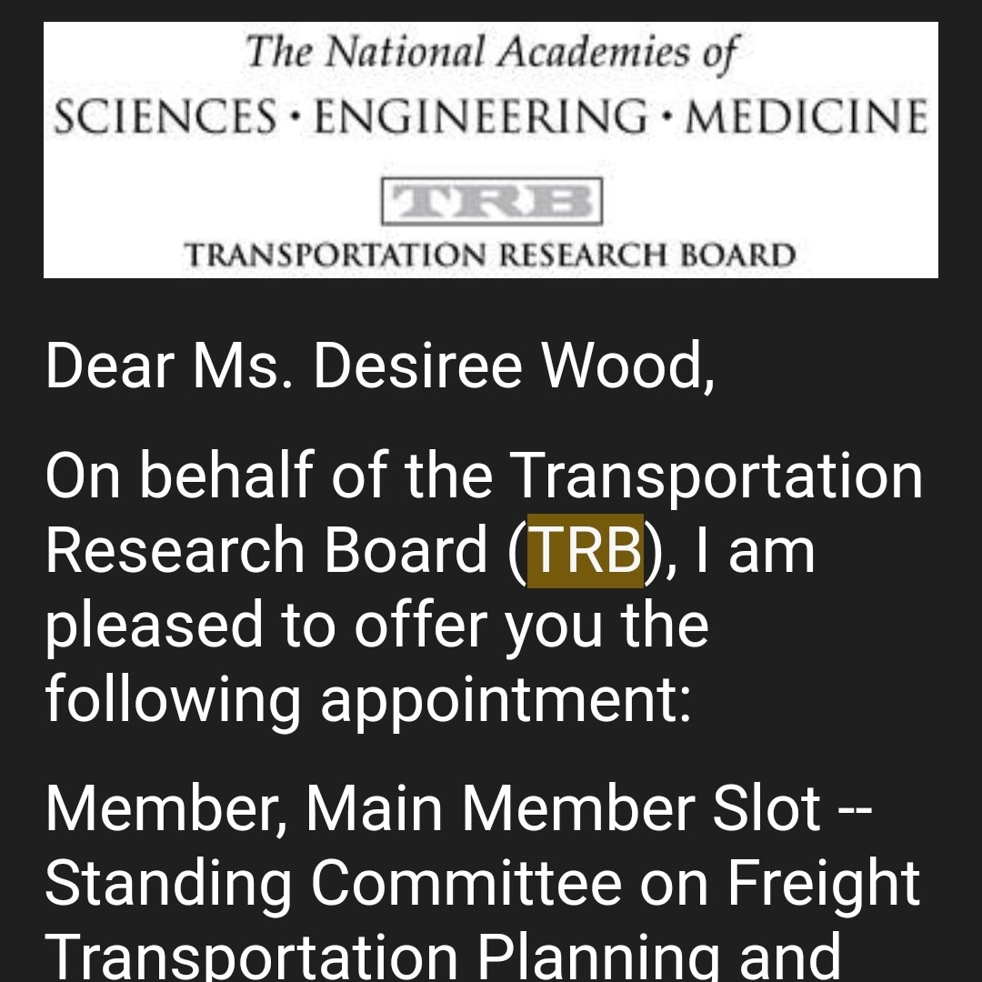I'm proud &amp; honored to announce I have accepted an appointment to the standing committee on freight transportation planning and logistics for The National Academies of Sciences Engineering &amp; Medicine Transportation Research Board. #freight #supplychain #logistics #transportation