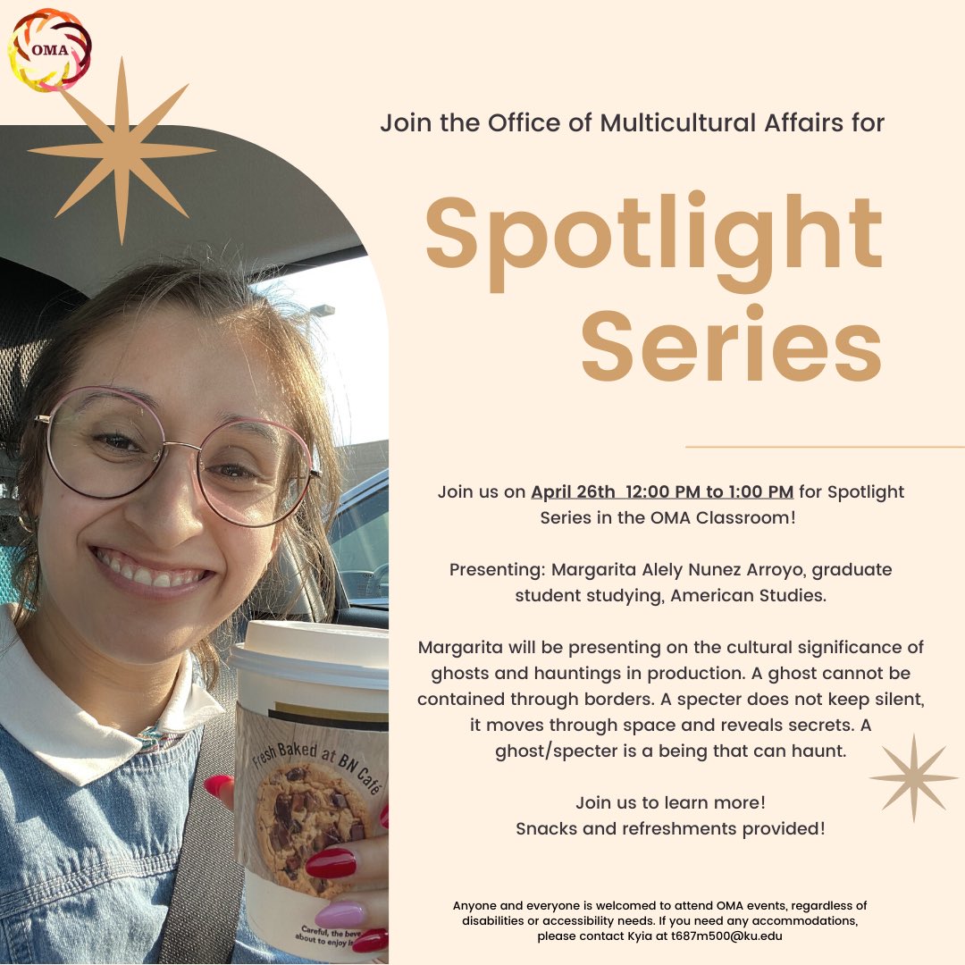 KU_OMA's tweet photo. Join us for Spotlight Series on April 26th, at 12:00 PM - 1:00 PM in the OMA Classroom! Snacks and refreshments provided! https://t.co/78hknfmAoW
