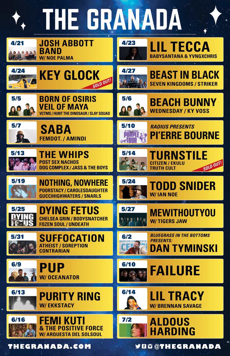 theGranada's tweet photo. We're starting off the week with an updated concert calendar &amp; giveaway 🥳

To enter, RT this tweet &amp; follow us! The winner will win a pair of tix to any show of their choice from our new calendar 🎫

Giveaway ends this Friday at noon &amp; the winner will be announced that evening! https://t.co/nLaausmxav