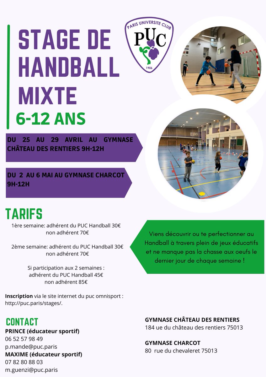 J-7 avant le stage de printemps, on vous attend nombreux 🤾‍♀️🟣🤾‍♀️ !
Toutes les informations ci-dessous ⬇️