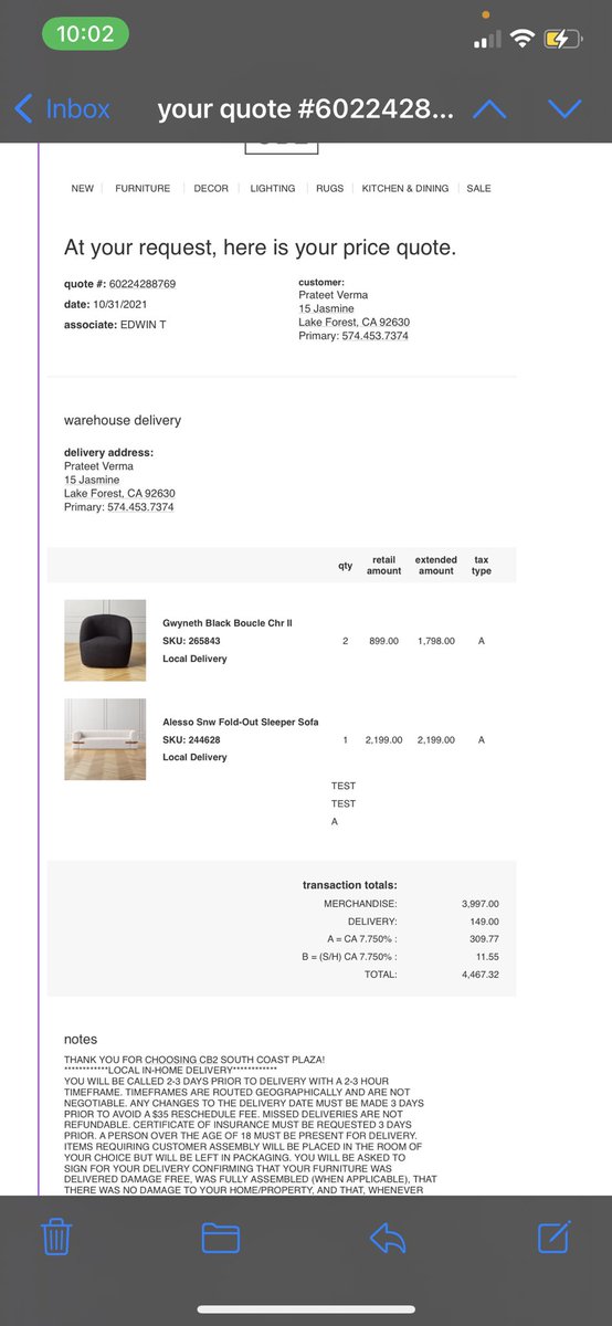 prateetsays's tweet photo. Very disappointed with the service offered by #cb2 @CB2 @CrateandBarrel. I have a sofa ordered for 6 months and there is no update on the status. Their customer service takes forever to reply and their texts do not respond on time https://t.co/EqnfhGFYIC