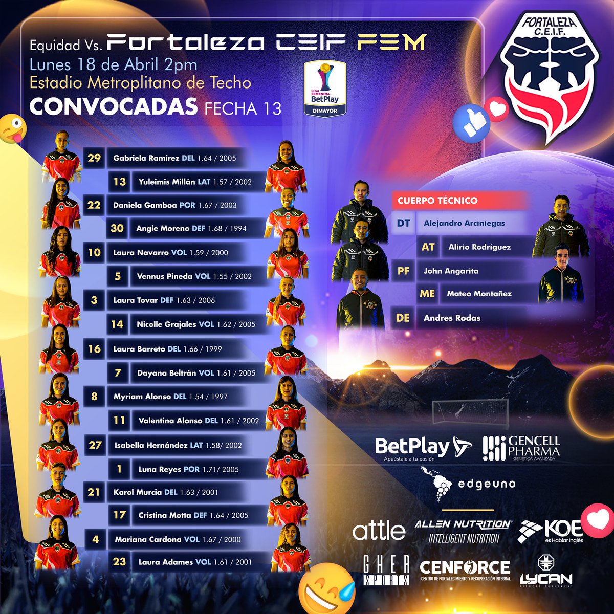 FortalezaFC_Of's tweet photo. Estas son las convocadas de nuestro encuentro de hoy. ๐
#FortaFEM
#ligafemeninabetplaydimayor https://t.co/GMS6fmFwjK