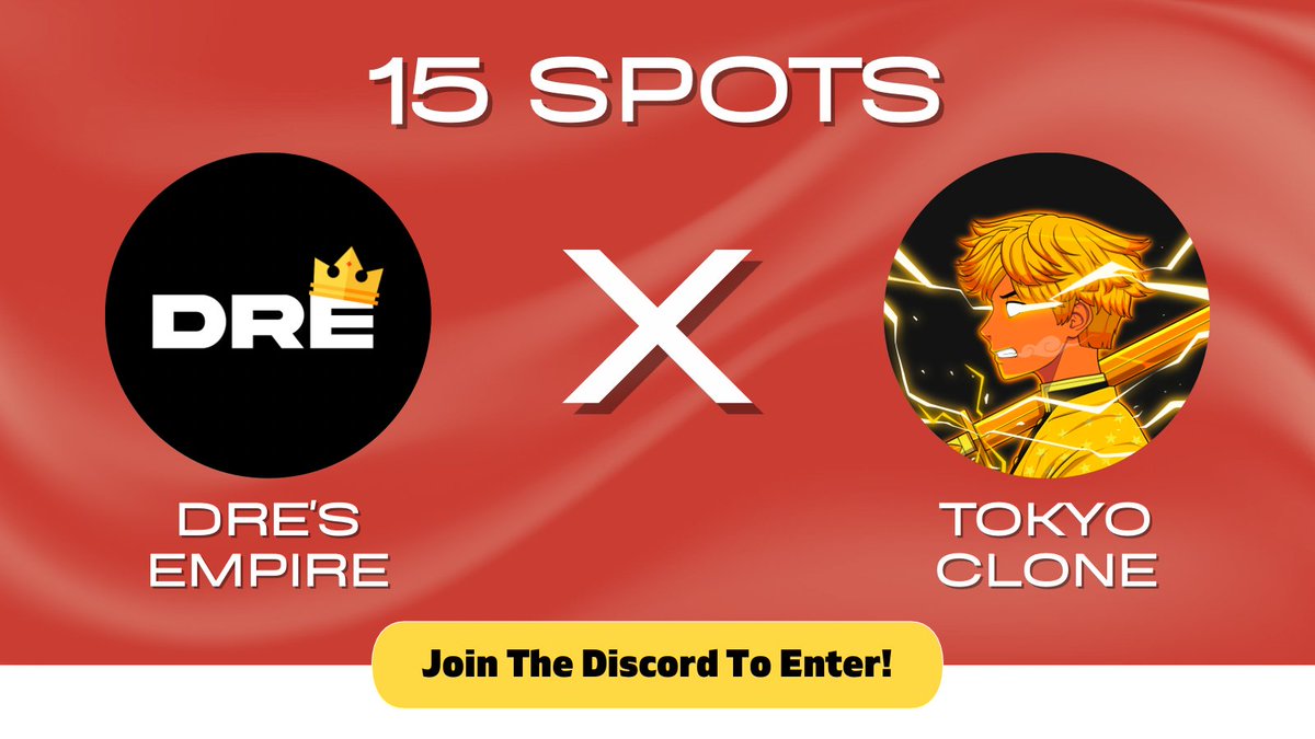 Dre's Empire x Tokyo Clone🌀

x15 TOKYO CLONE WHITELIST GIVEAWAY!

To enter:
🔵 Follow @TokyoCloneNFT + <a href="/YakuzaDaddy/">Yakuza Daddy</a> + <a href="/Dres_Empire/">Dre</a> 
🔵 RT, like and tag 3 friends
🔵 Join the discord: discord.gg/dresempire

⏱24 Hours!