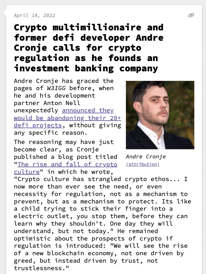 Crypto multimillionaire and former defi developer Andre Cronje calls for  crypto regulation as he founds an investment banking company April 18, 2022  https://t.co/PK8zrNIJp7