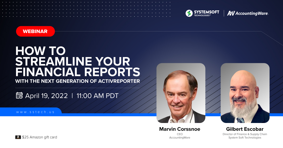 SystemSoft_Tech's tweet photo. Don’t miss out on a complimentary demo of #ActivReporter happening live tomorrow! Register today, for a chance to win a $25 dollar gift card.

Learn how your organization can solve common financial reporting hurdles:
https://t.co/YzbApBAF7I

#AccountingWare #MSDyn365 https://t.co/cSX7HNrmZP