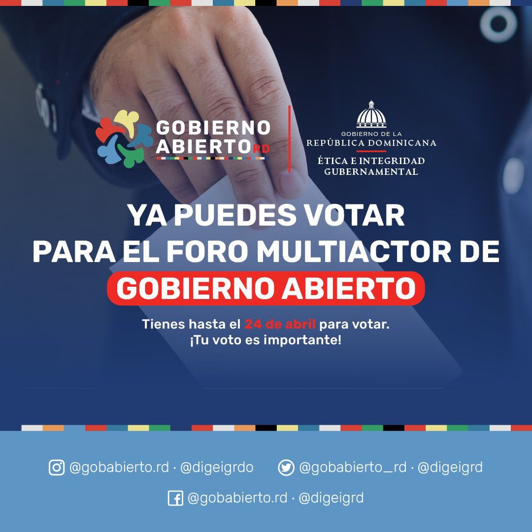 OnapiRD's tweet photo. Ya puedes votar para el Foro Multiactor de Gobierno Abierto
#ONAPI
#PropiedadIndustrial
#GobiernoAbierto
#ÉticayTransparencia
#SeguimosCumpliendo

El link de votación lo podrás encontrar en nuestro perfil https://t.co/ajHzWTDbjA