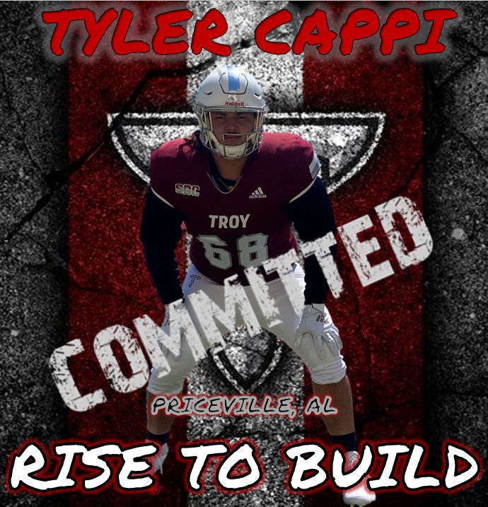cappi_tyler's tweet photo. Extremely blessed to announce my commitment to Troy University! Thank you to @cole_popovich and @EvanMckissack! My dream of playing college football and lifting heavy things is finally coming true! https://t.co/tjSp6q3ji1