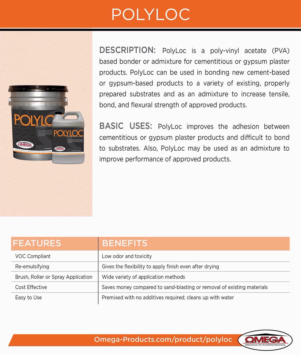 PolyLoc improves the adhesion between cementitious or gypsum plaster products and difficult to bond to substrates.
 
#omegaproducts #abcs #polyloc #admixes #bonders #cleaners #sealers #buildingmaterials #americanmade