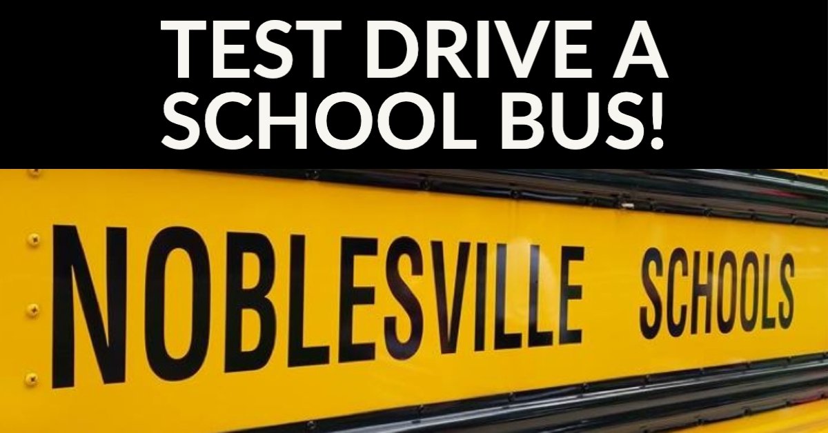 Test drive a school bus in the safety of our parking lot 4/23 8am-noon! Join us <a href="/NobSchools/">Noblesville Schools</a> Transportation Center (19790 Hague Rd) to learn about flexible schedules, paid training + full benefits. Must have a valid driver's license + be at least 21.