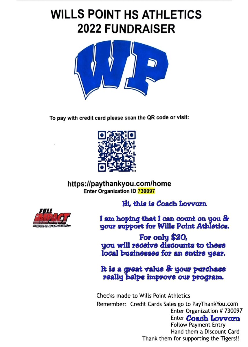 CoachLovvorn's tweet photo. Hey Everyone
Please support the Wills Point Tigers 
&amp; the Athletic Program.

These discount cards are really worth the $20 &amp; the discounts are good for an entire year!! https://t.co/v2VoHRexue