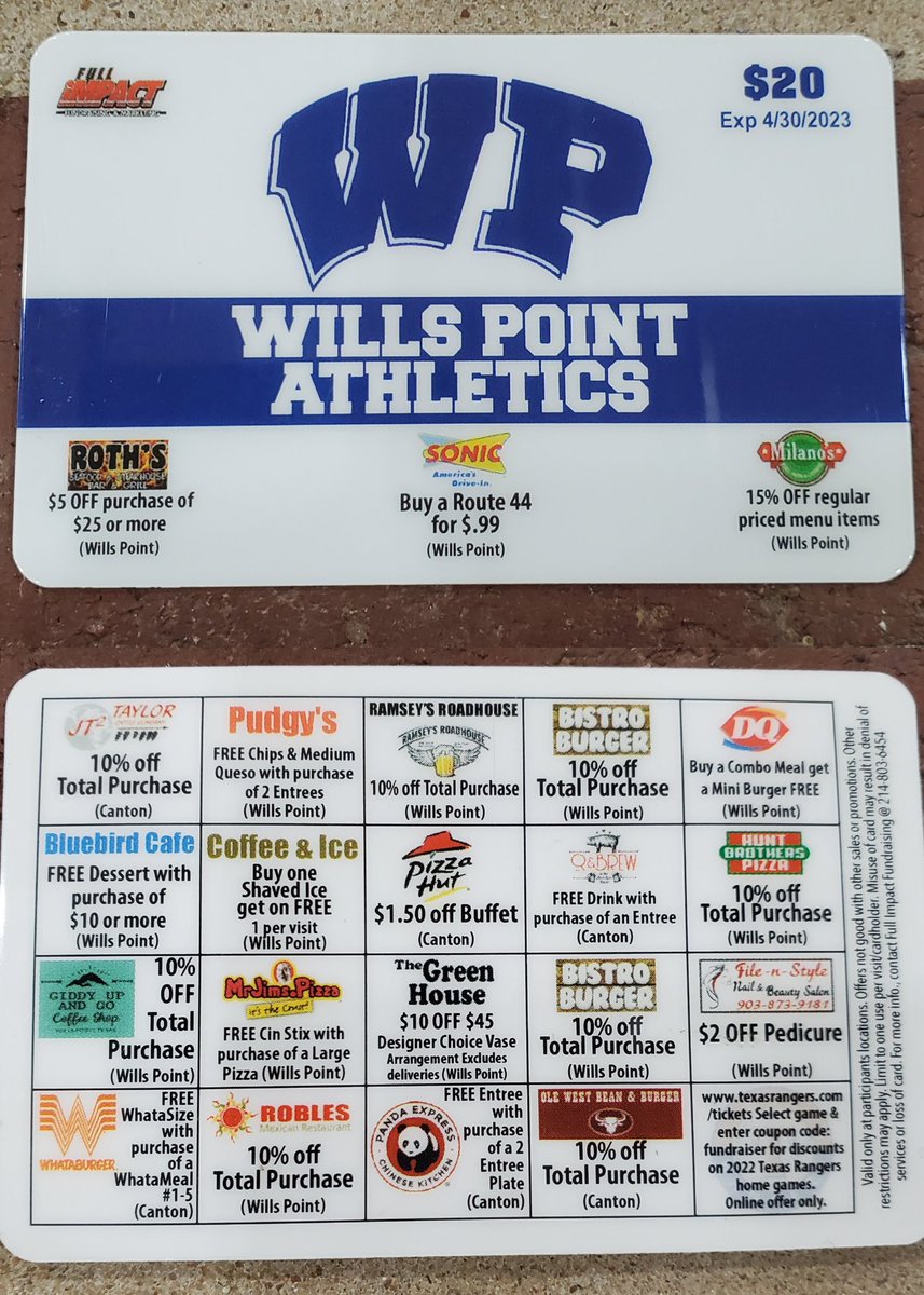 CoachLovvorn's tweet photo. Hey Everyone
Please support the Wills Point Tigers 
&amp; the Athletic Program.

These discount cards are really worth the $20 &amp; the discounts are good for an entire year!! https://t.co/v2VoHRexue