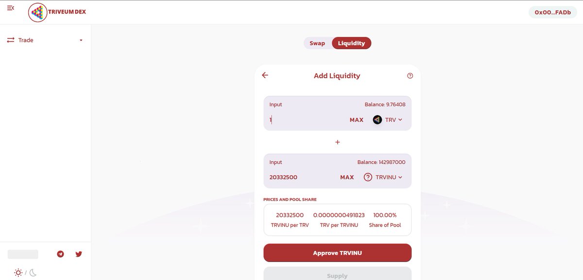 triveum's tweet photo. DEX on tesnet trv chain is still in progress.

I tried to add liquidity TRV INU - WTRV and it work:

https://t.co/LbMMUWTIbX

#project is developed on the trvtestnet chain network. https://t.co/nurKeKGvnh