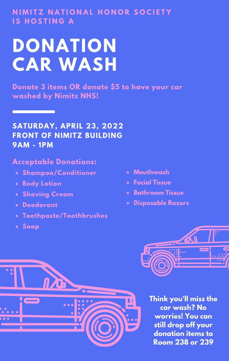 HonorNimitz's tweet photo. Nimitz NHS is hosting a Donation Car Wash! See the flyer for more details. See you there! @NimitzVikings @VikingDirector @nimitzdigital https://t.co/G1wsAsRxFs