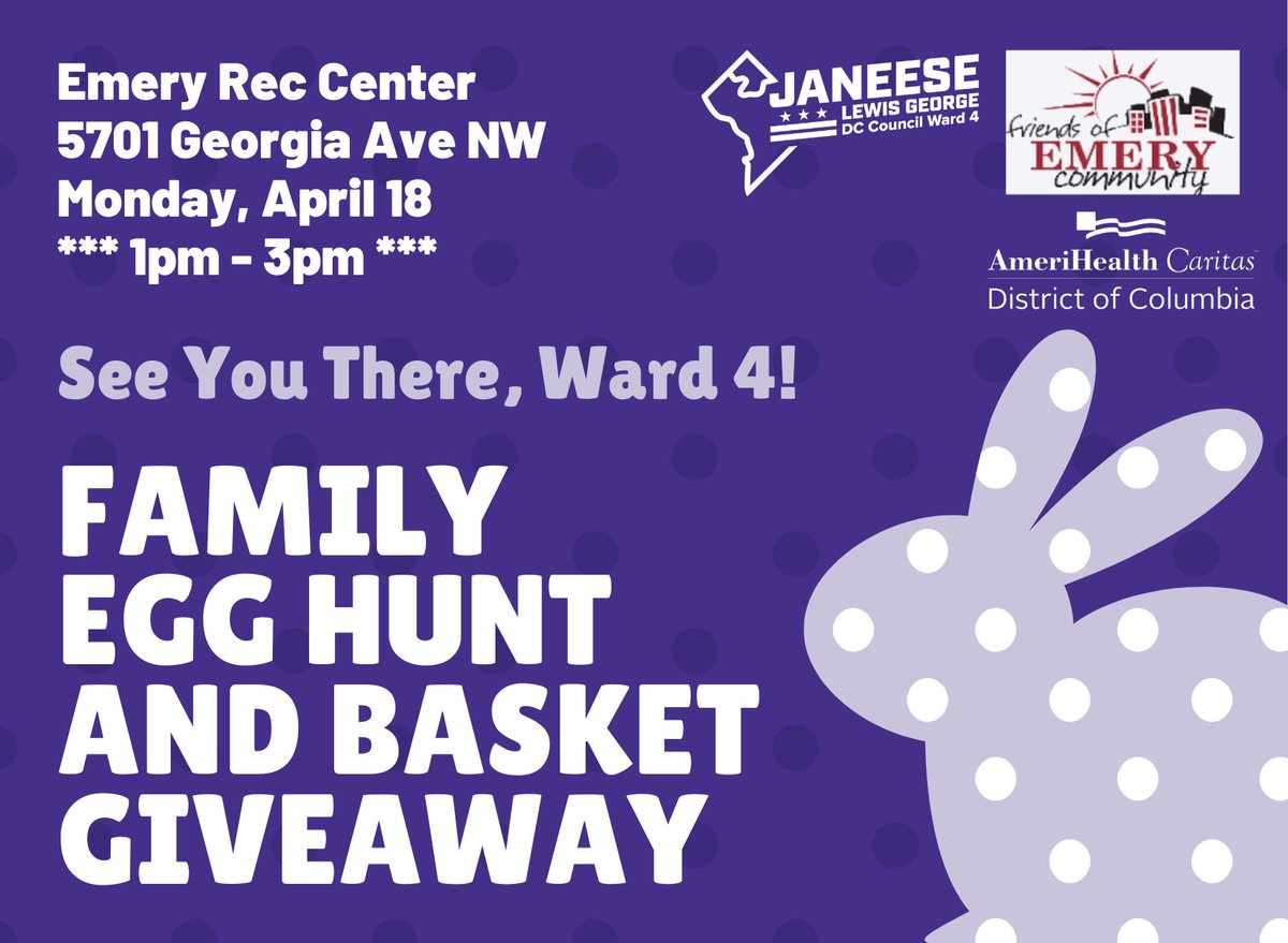 CMLewisGeorgeW4's tweet image. New Time! 🐰🧺🥚 Join us now at Emery Rec Center from 1pm-3pm for our Ward 4 Family Egg Hunt and Basket Giveaway!
