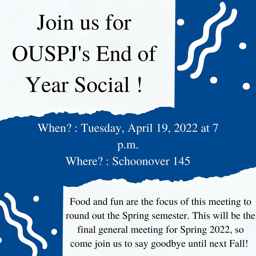 Ohio University SPJ (@ouspj) on Twitter photo Join OUSPJ this Tuesday at 7 p.m. in Schoonover 145 for an end of year social including food and fun! To have any questions answered, send us a message or email us at ohiouspj@gmail.com! Join OUSPJ this Tuesday at 7 p.m. in Schoonover 145 for an end of year social including food and fun! To have any questions answered, send us a message or email us at ohiouspj@gmail.com!