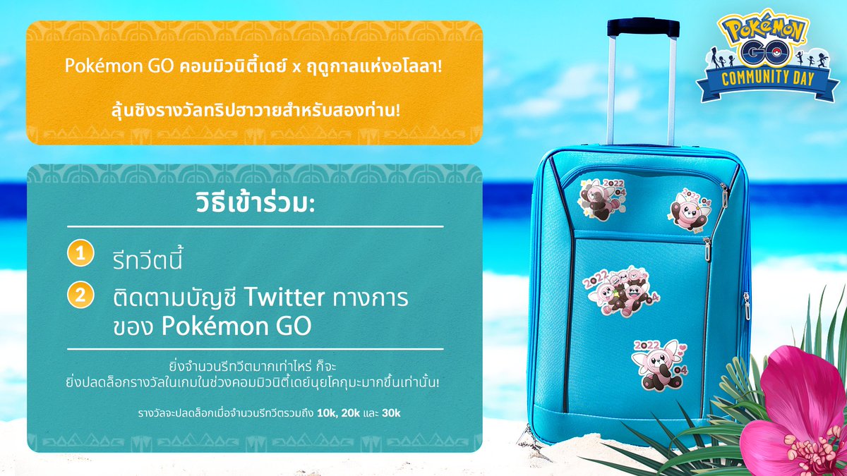 PokemonGOAppTH's tweet photo. เทรนเนอร์ทุกท่าน เรากำลังฉลองฤดูกาลแห่งอโลลาและคอมมิวนิตี้เดย์นุยโคกุมะโดยการมอบรางวัลให้กับผู้โชคดี 1 รางวัล นั่นก็คือทริปฮาวายสำหรับสองท่าน! 🏝️🥳

หากต้องการเข้า���่วม ให้รีทวีตนี้และติดตามบัญชี Twitter ของเรา! [1/4] https://t.co/ZjhiqZHeoB