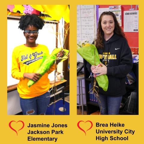 UCitySchools's tweet photo. We are excited to announce our 2022-23 Teachers of the Year! Congratulations to Jasmine Jones, fifth grade teacher at Jackson Park Elementary, and Brea Heike,  University City High School math teacher who also works with our Brittany Woods Middle School students. #HeartsofLions https://t.co/DC7jLG63SN