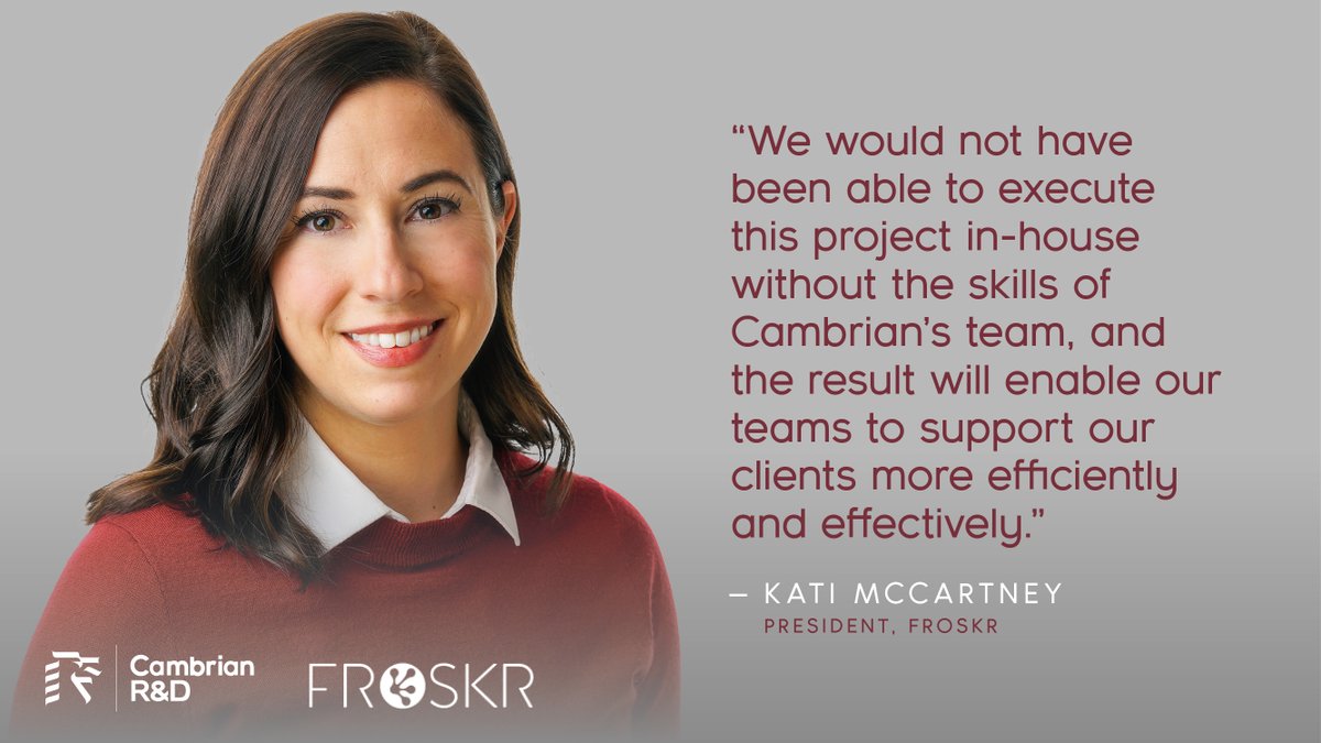 CambrianRD's tweet photo. Cambrian R&amp;D had the pleasure of working on an applied research project with @FROSKRcorp. See what Kati McCartney, FROSKR’s President, had to say about the experience. We look forward to working with them again #CollegeInnovation #AppliedResearch https://t.co/3cH7UCFZgg