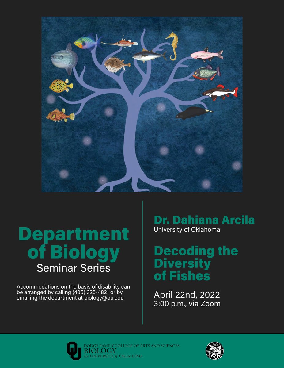 Join us this Friday at 3:00 p.m. on Zoom for a special virtual department seminar with our own Dahiana Arcila @FishEvolutionOU  (OU Biology / Sam Noble Museum of Oklahoma Natural History). More info at ou.edu/cas/biology