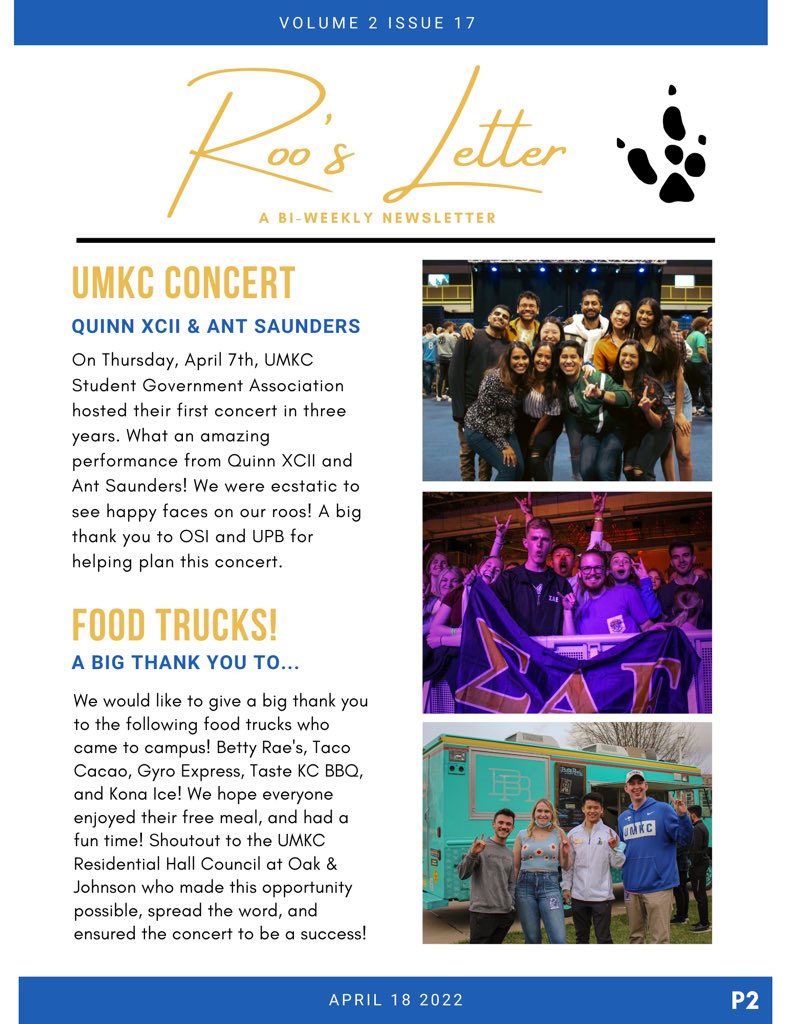 UMKCStudentGov's tweet photo. As we are approaching the end of the spring semester, there are many things to highlight! ✨🦘
Swipe over to read about the UMKC Concert, Senator Spotlights, an upcoming Blood Drive &amp; Fundraiser++ more!! ☺️🤘🏼

- Check your emails for the PDF version, with clickable links.

1/2 https://t.co/089a6658zk