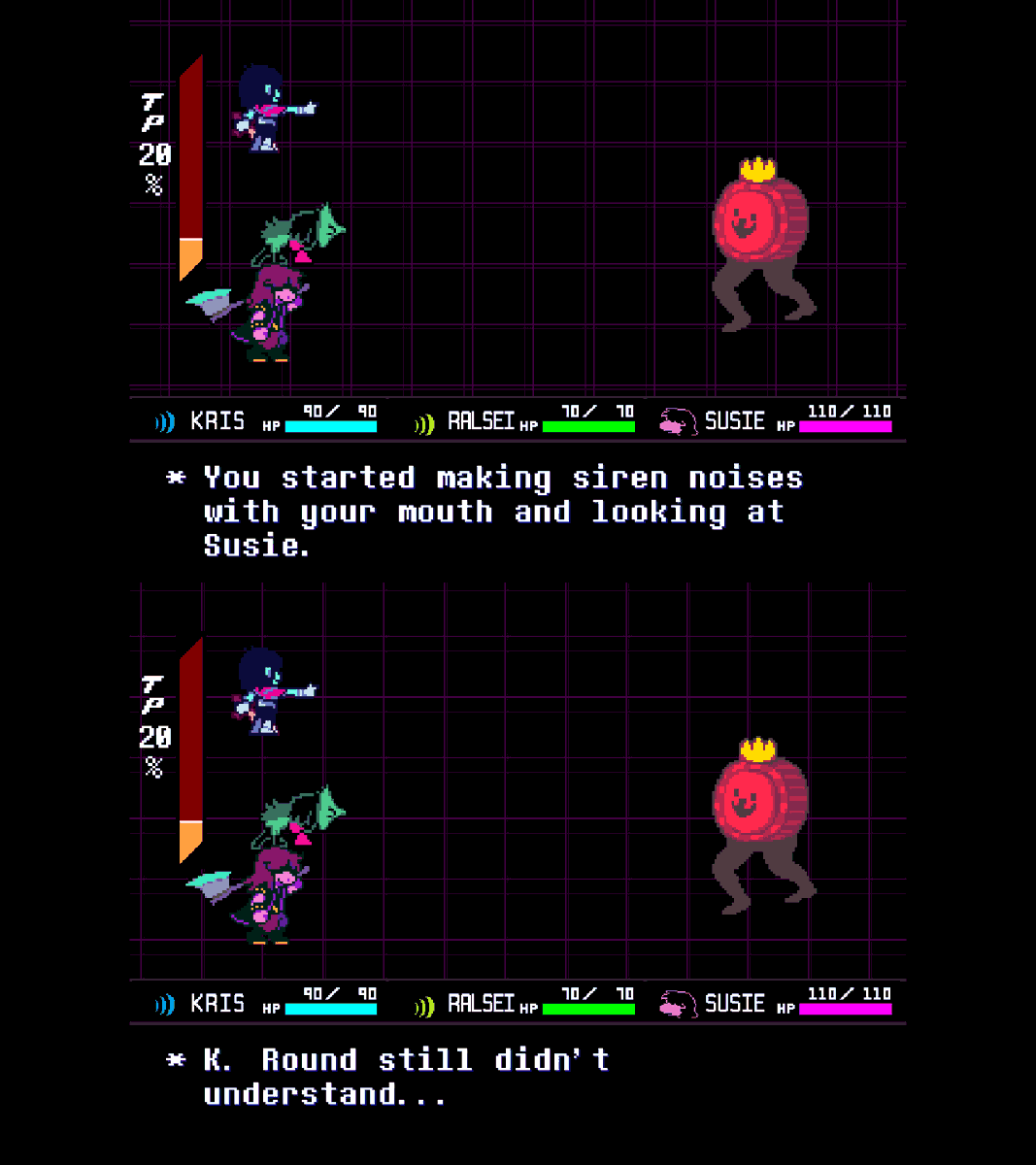 DailyDeltarune's tweet photo. You get unique dialogue with you use the "Warning" ACT multiple times in the first K. Round battle. #Deltarune #DeltaruneChapter1 #KRound https://t.co/mrnV1HvNGe