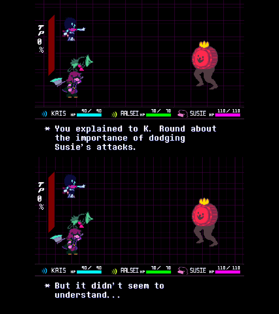DailyDeltarune's tweet photo. You get unique dialogue with you use the "Warning" ACT multiple times in the first K. Round battle. #Deltarune #DeltaruneChapter1 #KRound https://t.co/mrnV1HvNGe