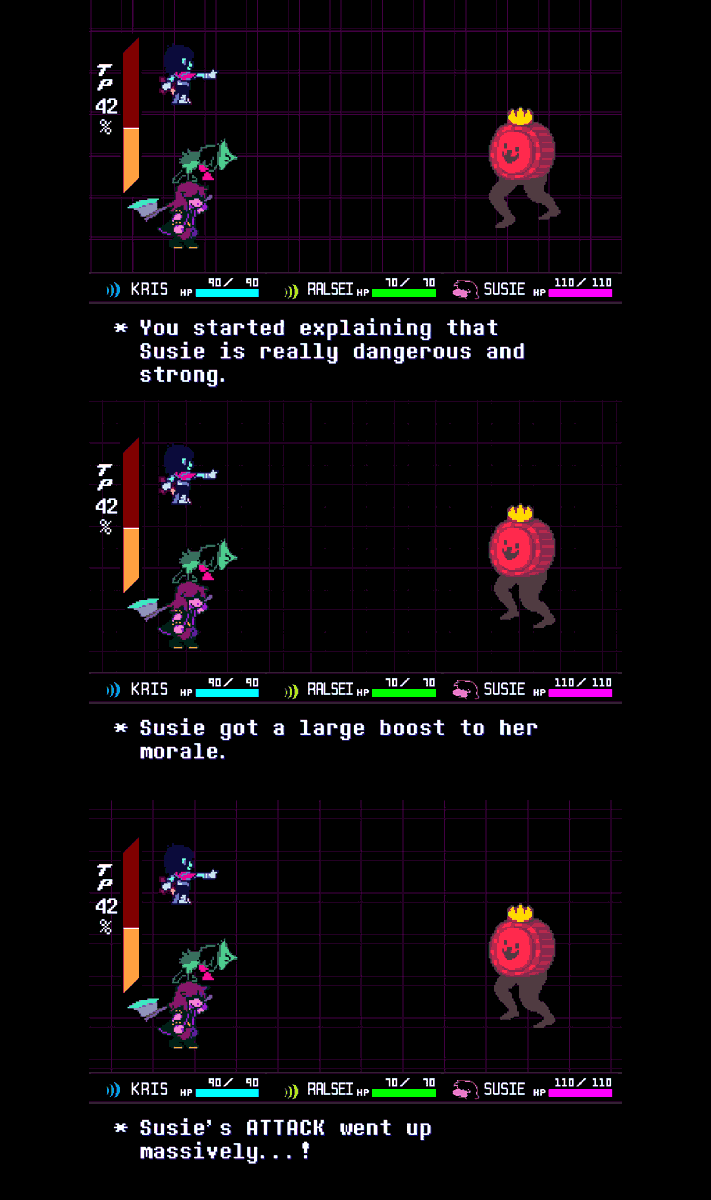DailyDeltarune's tweet photo. You get unique dialogue with you use the "Warning" ACT multiple times in the first K. Round battle. #Deltarune #DeltaruneChapter1 #KRound https://t.co/mrnV1HvNGe