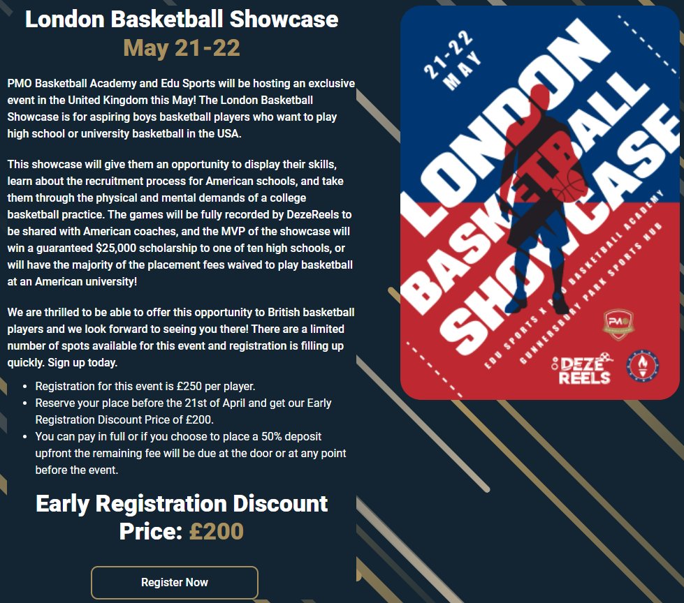 🚨 <a href="/pmo_academy/">PMO Basketball Academy</a> London Basketball Showcase🚨

📅21-22 May
📍Gunnersbury Park Sports Hub
👀Showcase your skills
📼Get game film from <a href="/DezeReels/">DezeReels</a>
 ⭐️MVP gets scholarship opportunities
💵Early registration discount before 21 Apr

Register now 👇 pmobasketball.com/academy/events…