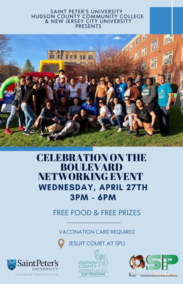 HCCCEOF's tweet photo. An opportunity to network with Saint Peter's &amp;NJCU admissions staff, &amp; students and earn experiential hours. This event will take place on Saint Peter's University Campus on 4/27 from 3 pm-6 pm. Please complete this form if you are interested in attending: https://t.co/55rXiG9hsP https://t.co/DVyGhsXkFZ