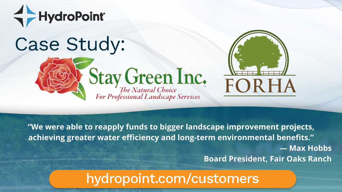HydroPoint's tweet image. “We were able to reapply funds to bigger landscape improvement projects, achieving greater water efficiency and long-term environmental benefits.”
— Max Hobbs
Board President, Fair Oaks Ranch

bit.ly/3314rRs

@StayGreenInc 
#hydropoint #weathertrak #baseline_irrigation