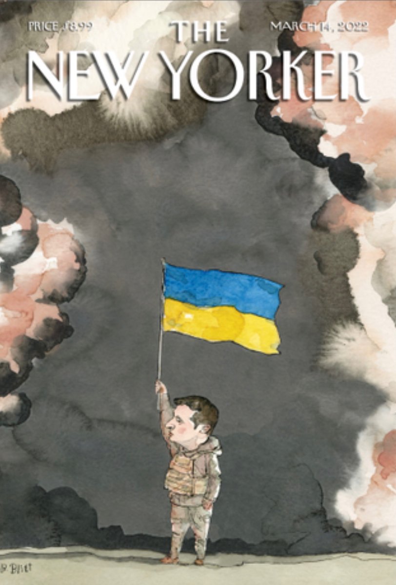 disar__ray's tweet photo. This comic from The New Yorker utilizes dim and gloomy colors for its background. The focal point is Zelenskyy, with a large and bright Ukrainian flag. It displays him standing alone, as a beacon of hope, against the shadowy background. (1/2) https://t.co/QKxs8DjQvl
