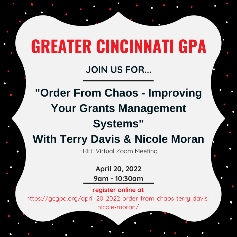 GreaterCinciGPA's tweet photo. Make sure to register for this month's virtual meeting: "Order From Chaos - Improving Your Grants Management Systems", with Terry Davis (CPS) and Nicole Moran (Lighthouse Youth Services).
Register here: https://t.co/6ZThVtVkqo
#grants #grantspro #gpa #gcgpa #grantpros https://t.co/0WqkSX3TkM